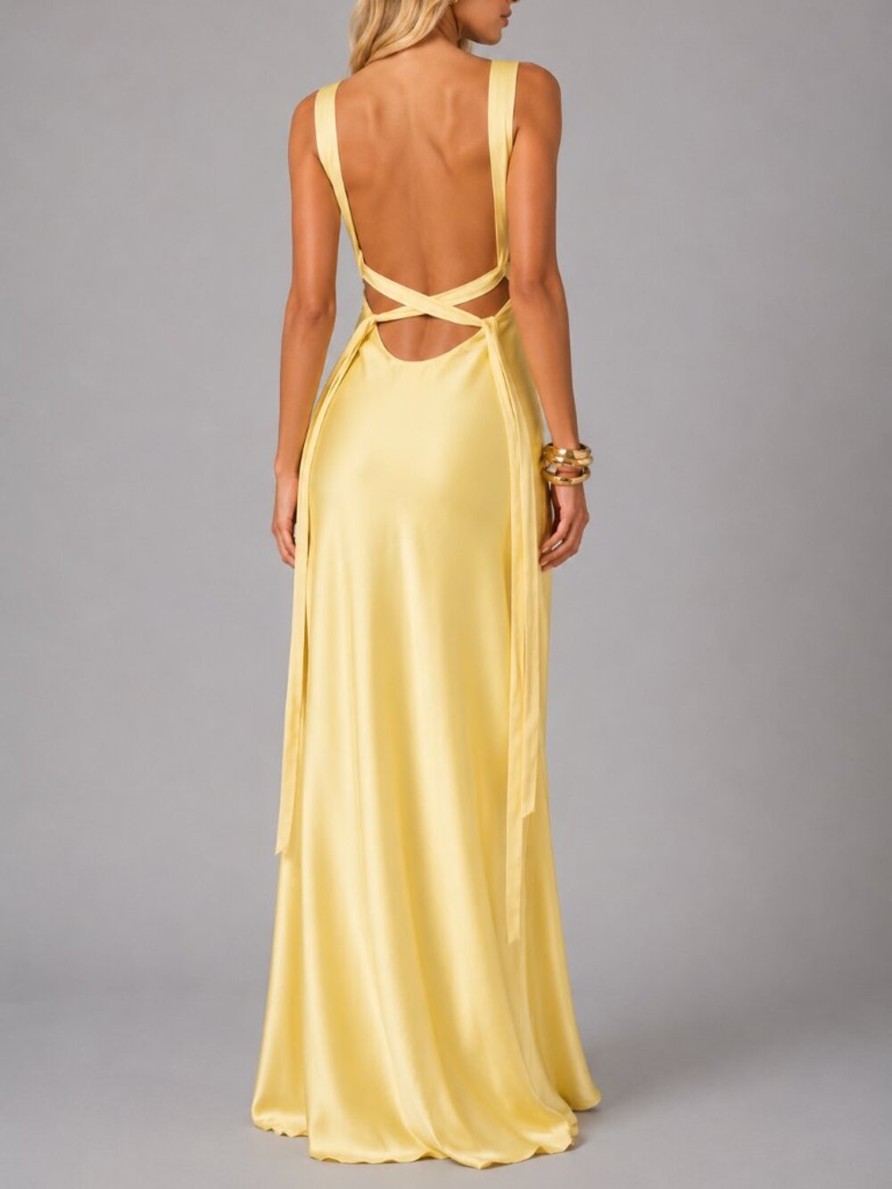 Women's Yellow Satin Backless Tie Maxi Dress Deep V Formal Wedding Guest Gown